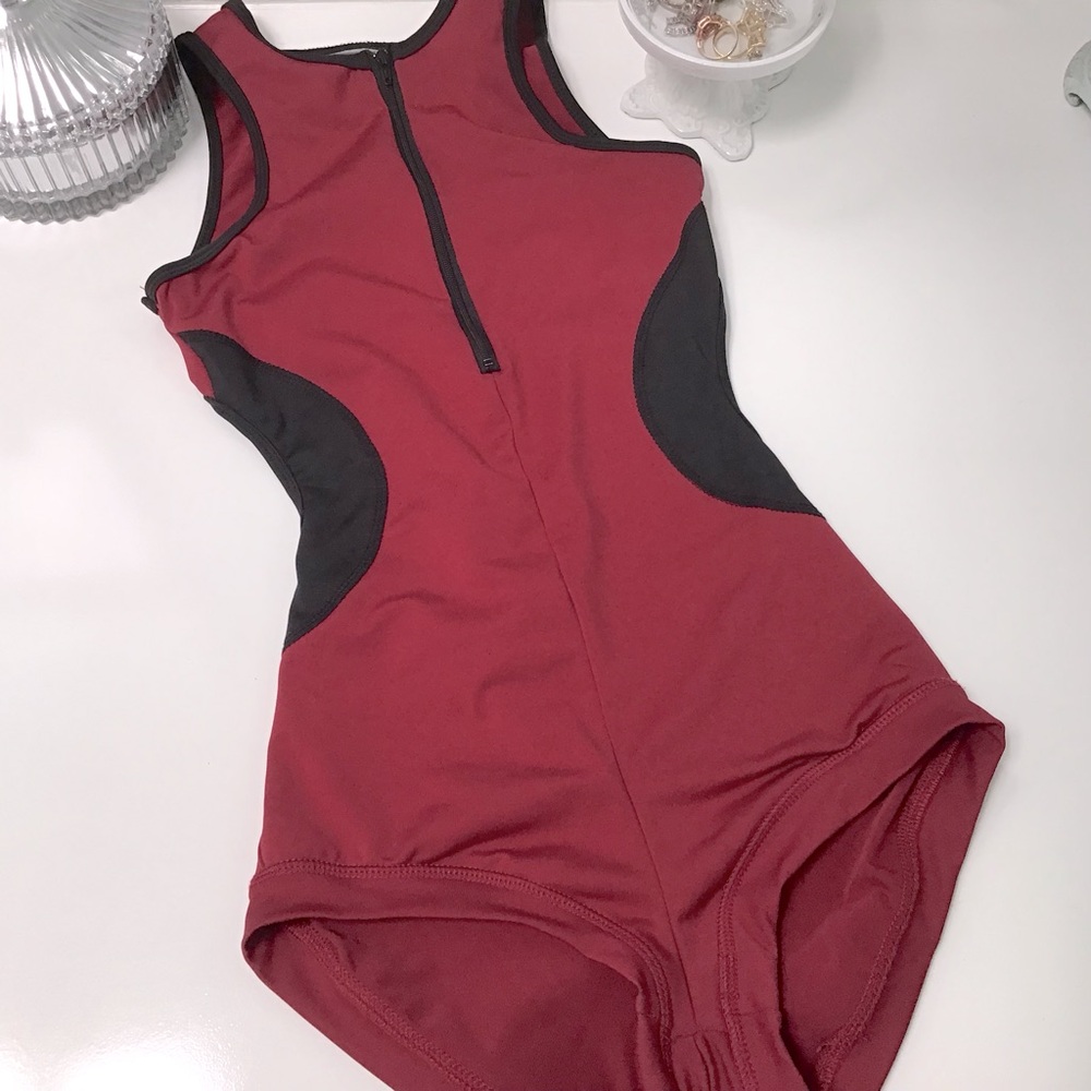 Women's Red and Black Sleeveless Bodysuit